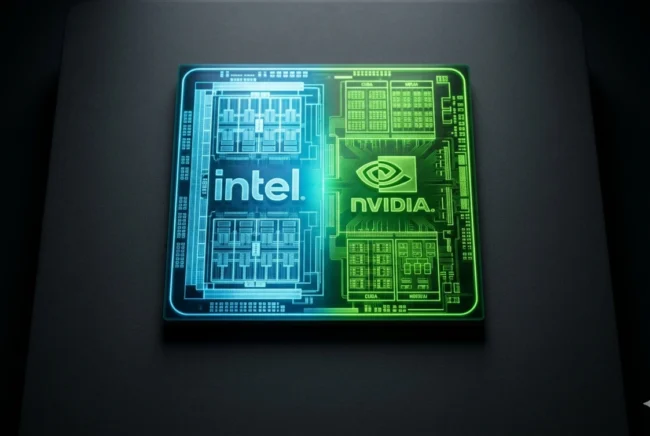 Concept visual of the Intel and NVIDIA Superchip collaboration, showing fused blue and green silicon dies.