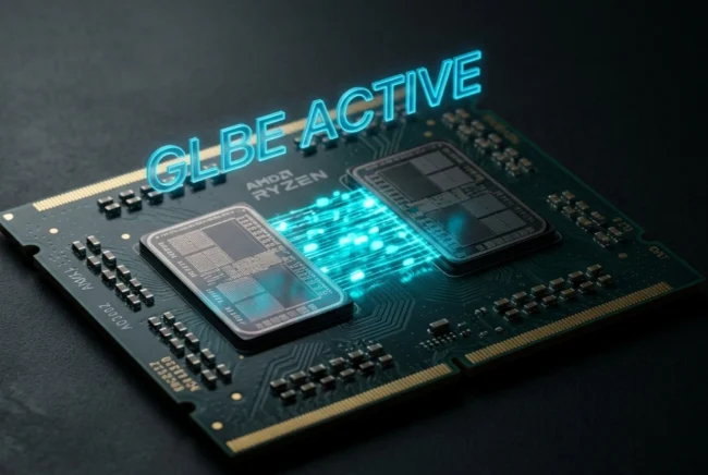 Concept render of the AMD Zen 6 processor utilizing GLBE to prioritize gaming bandwidth and reduce latency.