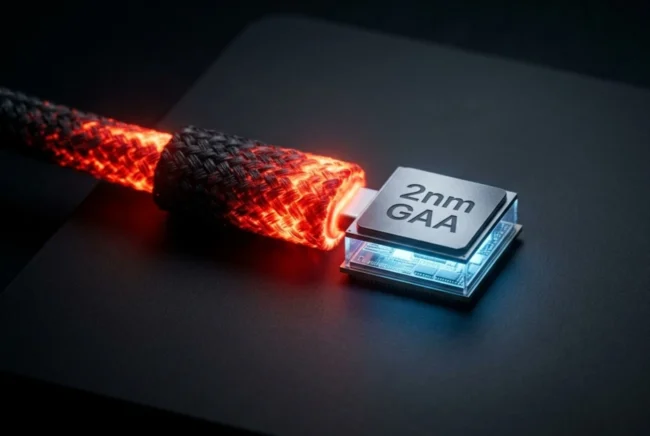 Concept visual showing a 2nm smartphone processor connected to a high-wattage fast charging cable emitting extreme heat.