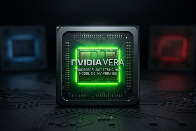 Concept render of the NVIDIA Vera CPU outperforming traditional Intel and AMD x86 processors in data center racks.