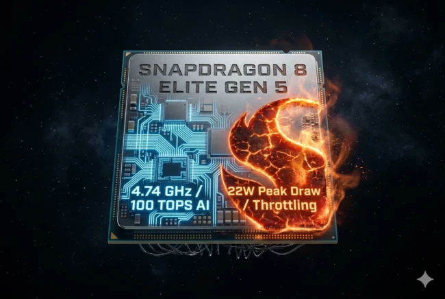 Snapdragon 8 Elite Gen 5 processor chip thumbnail highlighting 4.74 GHz speed and thermal throttling heat waves.