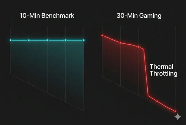 Data visualization showing how a smartphone processor maintains high clock speeds during a 10-minute AnTuTu test but thermally throttles and collapses during a 30-minute gaming session.