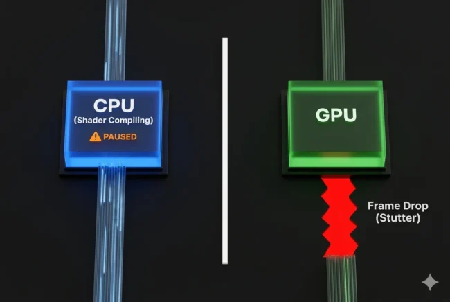 Architectural diagram illustrating how on-the-fly shader compilation interrupts the data pipeline, starving the GPU and causing jarring frame rate stutters in mobile gaming.