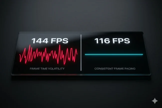 Concept render comparing an erratic, stuttering high FPS frame time graph against a smooth, capped frame pacing graph.