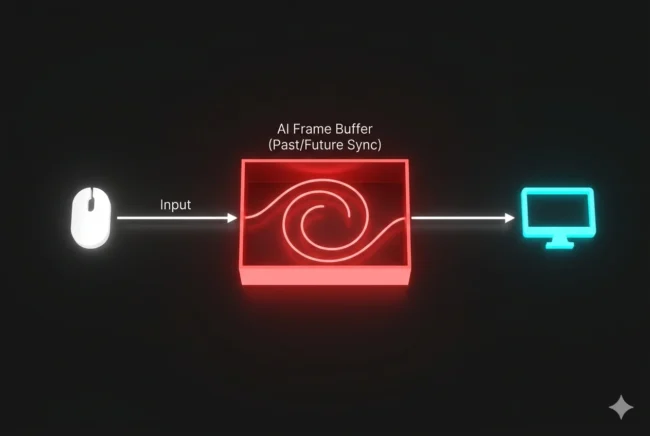 Diagram illustrating the input latency added by the frame buffering sequence required for AI frame generation.