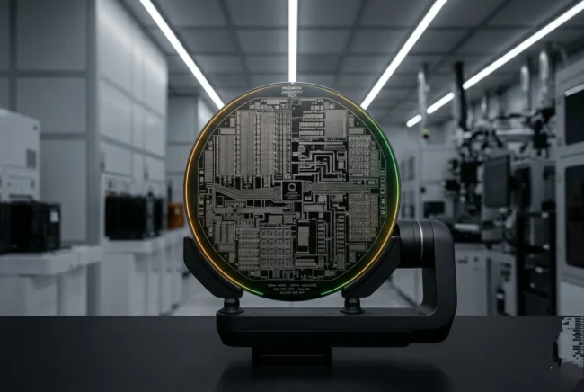 Architectural macro concept render of a silicon wafer in a high-tech semiconductor cleanroom representing India's semiconductor mission.