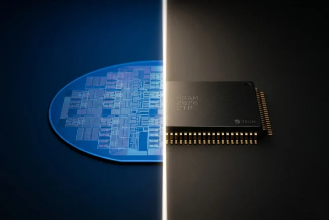 Concept render comparing a raw silicon fabrication wafer representing Tata Electronics with a finalized, packaged memory module representing Micron.