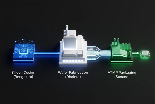 Architectural diagram illustrating the complete domestic semiconductor supply chain, flowing from Indian design to Tata fabrication, and finally to ATMP packaging.