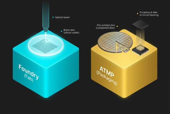 Infographic demonstrating the technical difference between a Foundry that prints silicon wafers and an ATMP facility that packages them into final products.