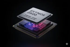 High-resolution 3D render of the Samsung Exynos 2600 mobile processor chip glowing with blue and crimson lights against a dark background.