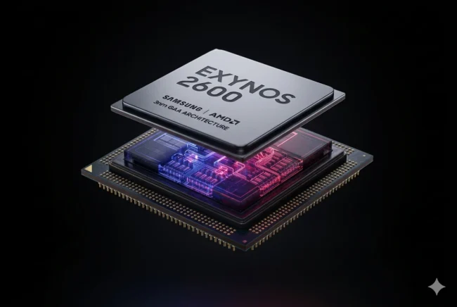 High-resolution 3D render of the Samsung Exynos 2600 mobile processor chip glowing with blue and crimson lights against a dark background.