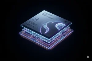 A high-resolution 3D render of the Snapdragon 8 Elite Gen 5 mobile processor chip glowing with blue and violet lights against a dark background.