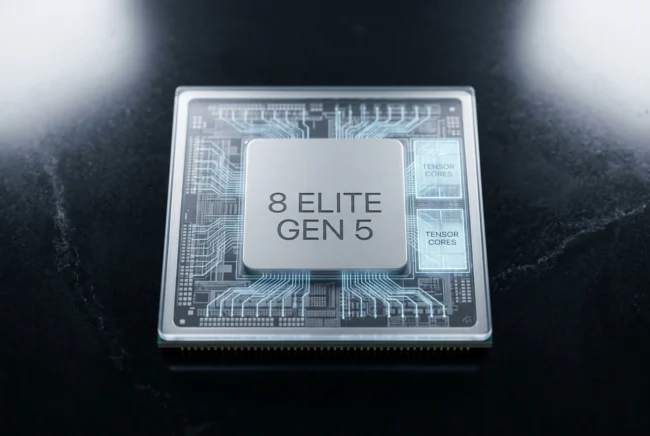 Official-style micro-architectural render of the Snapdragon 8 Elite Gen 5 (SM8850-AC) processor showcasing the Fused AI Hexagon NPU.