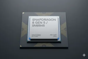 Official leaked render style of the Qualcomm Snapdragon 8 Gen 5 SM8845 processor chip showing architectural traces