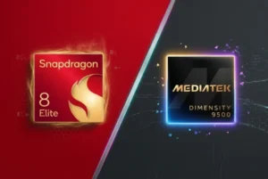 High-resolution dual-silicon 3D render of Qualcomm Snapdragon 8 Elite Gen 5 and MediaTek Dimensity 9500 mobile processors glowing side-by-side