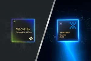 High-resolution 3D render of MediaTek Dimensity 9400+ and Samsung Exynos 2600 mobile processors side-by-side