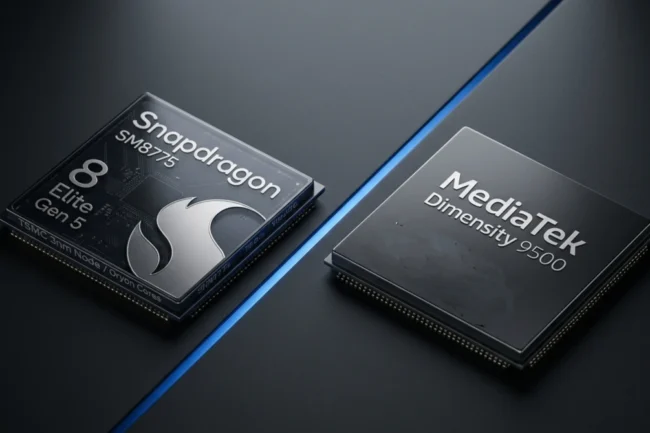 Snapdragon 8 Elite Gen 5 vs MediaTek Dimensity 9500 architectural comparison showing chip models.