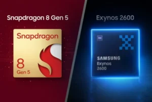 High-resolution 3D render of Qualcomm Snapdragon 8 Gen 5 and Samsung Exynos 2600 mobile processors side-by-side.