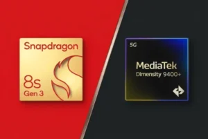 Split graphic comparing a gold Snapdragon 8s Gen 3 chip on a red background on the left with a black MediaTek Dimensity 9400+ chip on a dark background on the right.