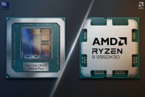 Intel Core Ultra 9 290HX Plus vs AMD Ryzen 9 9955HX3D processor silicon die comparison